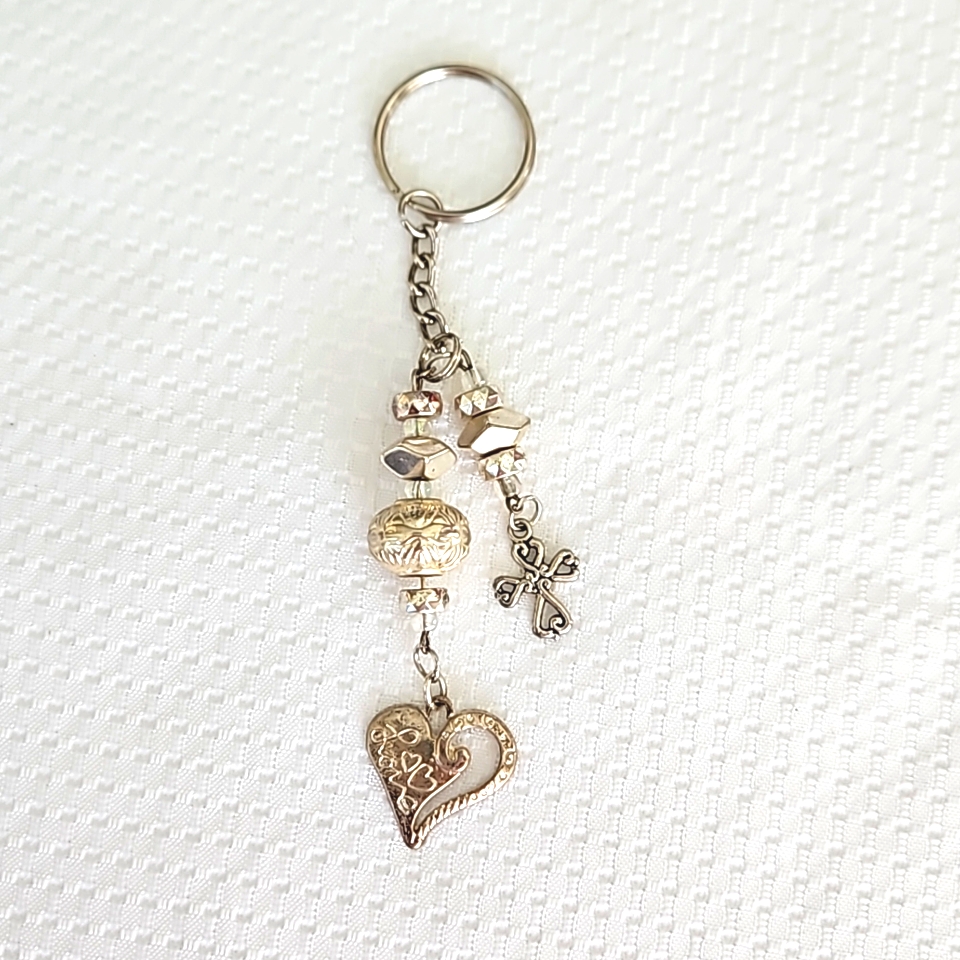Faith And Love Silver Toned Cross And Heart Keychain Keyring Handmade